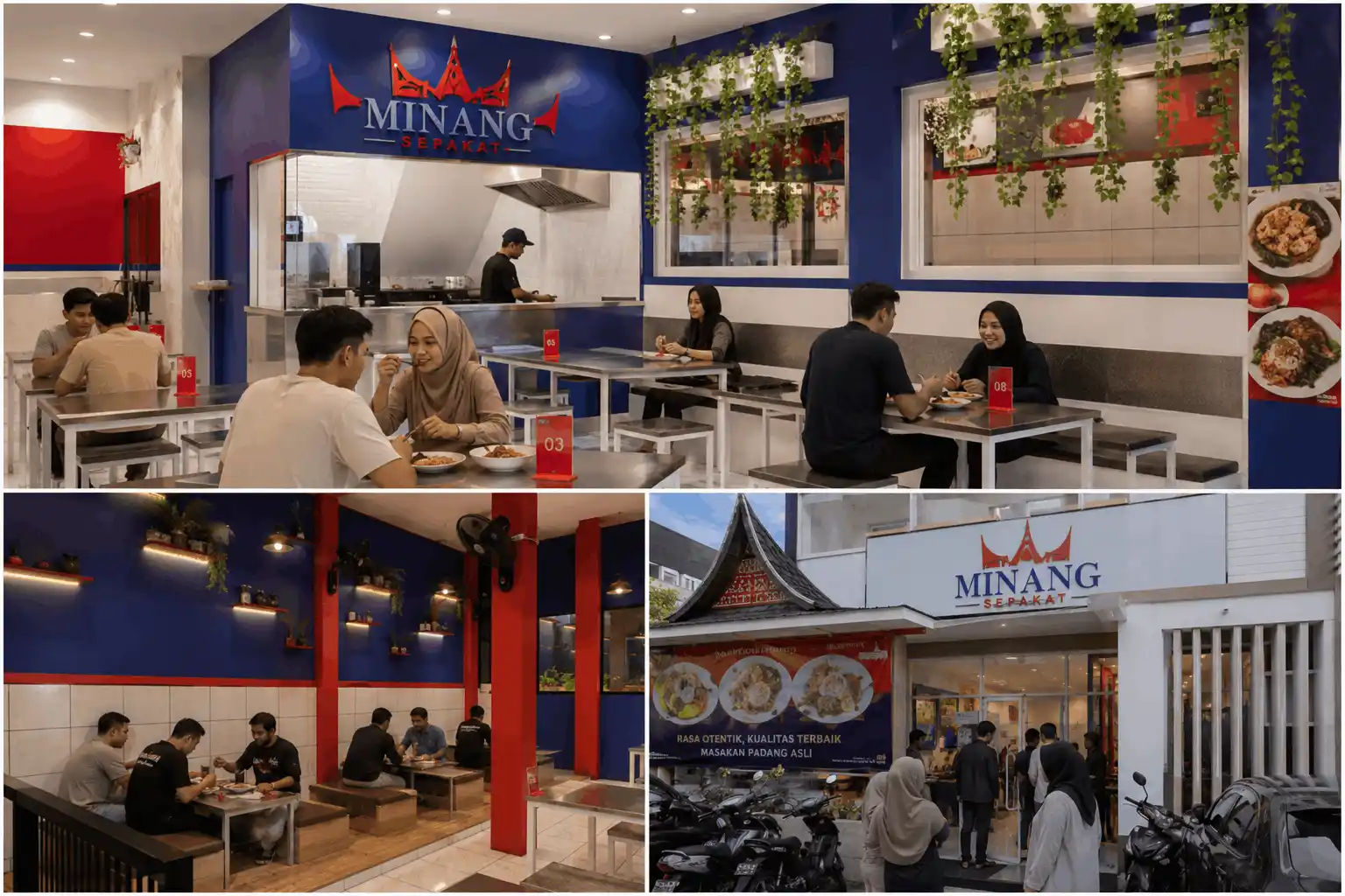 Interior rumah makan Padang Minang Sepakat dengan sajian rendang dan gulai khas Minangkabau
